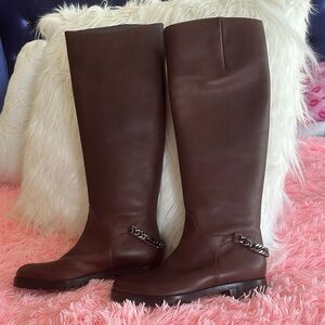 Christian Louboutin Tall Brown Leather Over-the-Knee Boots with Chain Accent